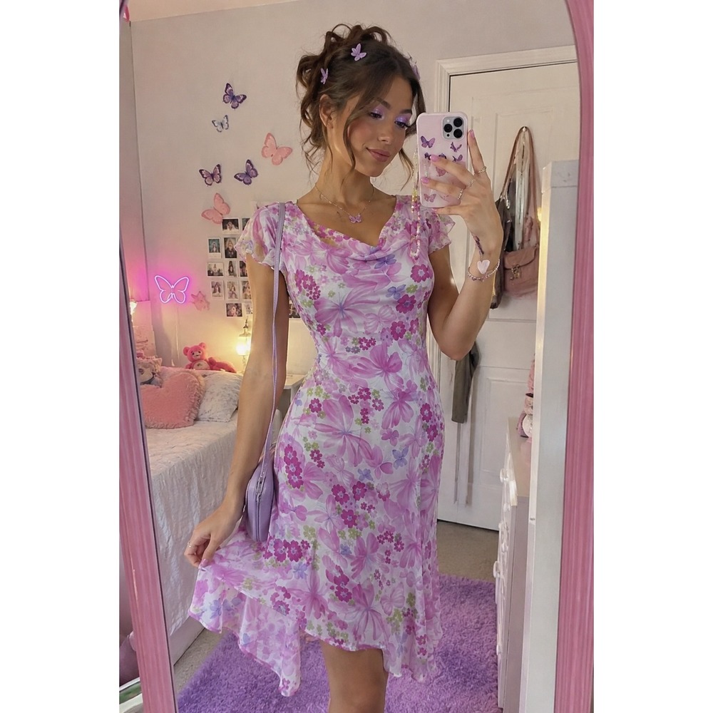 Cherokee Floral Butterfly Midi Dress Womens Small Pink Excellent Chiffon Ruffle